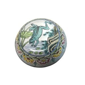 Vintage Enamel on Brass Trinket Box Frog Lily Pad Floral Design Qing Ming